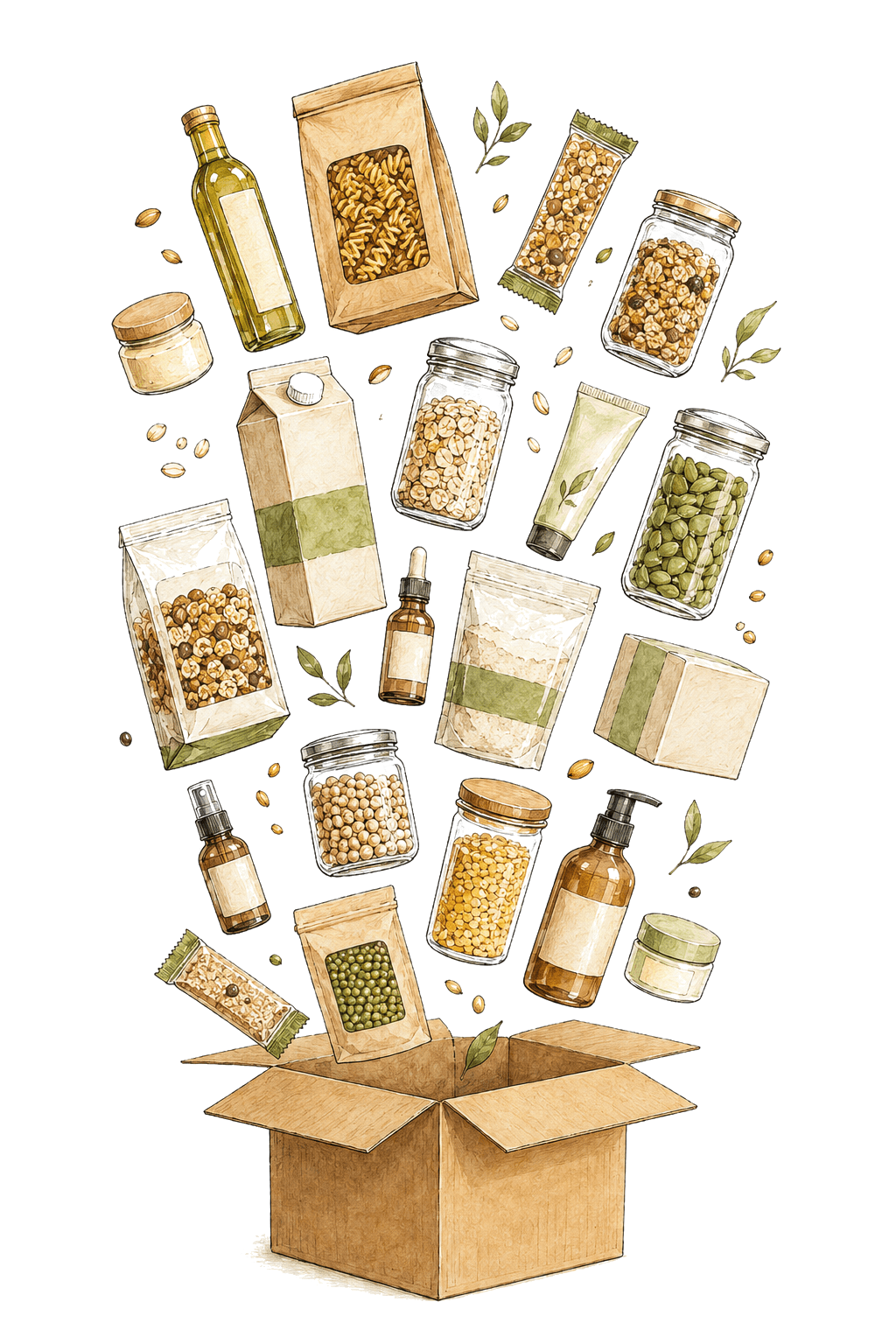 Caja abierta con distintos productos envasados