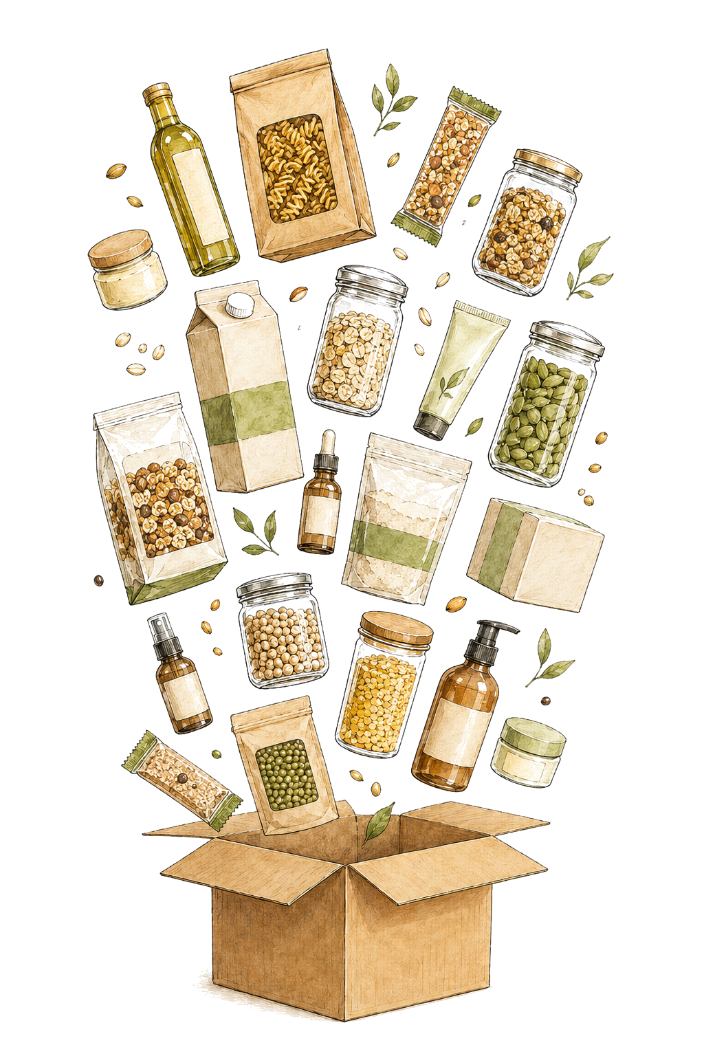 Caja abierta con distintos productos envasados